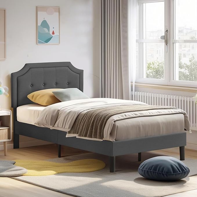 VECELO Twin Upholstered Platform Bed Frame with Adjustable Button Stitched Panel Headboard,Strong Wood Slat Support,Velcro Design,Mattress Foundation/Easy Assembly,Grey