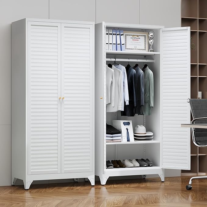 SteeLoong 71" Metal Wardrobe Cabinet with Hanging Rod, Armoire Wardrobe Closet with Doors and Adjustable Shelves, Whiet Clothing Storage Cabinets for Bedroom Office,School,Hospital