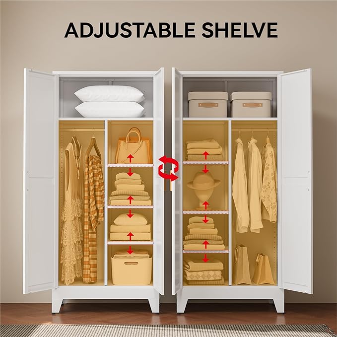 COFaR 71" Metal Wardrobe Closet with Adjustable Shelves & Hanging Rod, Freestanding Armoire with Top Storage & Two-Section Design, White Steel Storage Cabinet for Bedroom