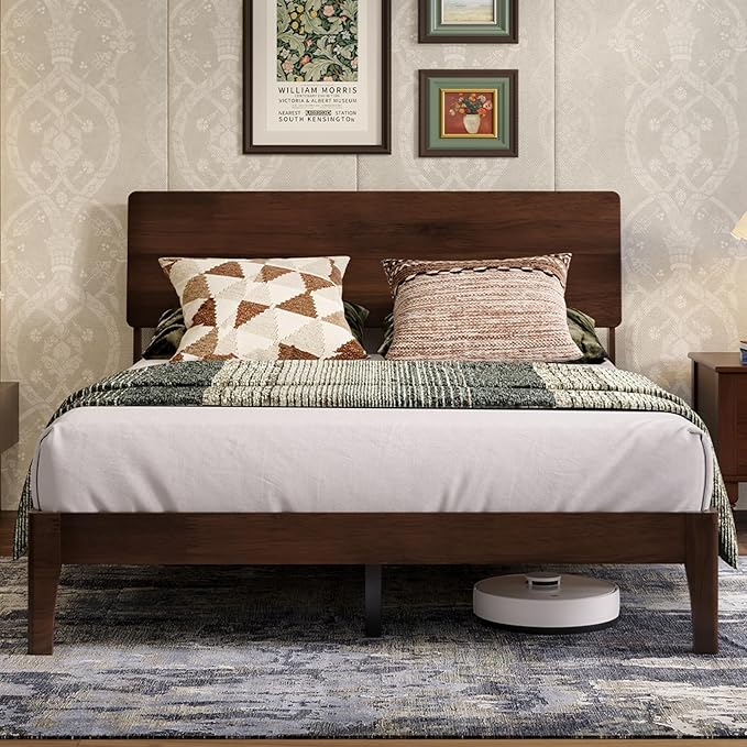 Novilla Queen Bed Frame with 3-Level Adjustable Storage Headboard, Solid Wood Platform Bed Frame with Slats, No Box Spring Needed, Noise Free, Walnut Finish for Master Bedroom and Guest Room