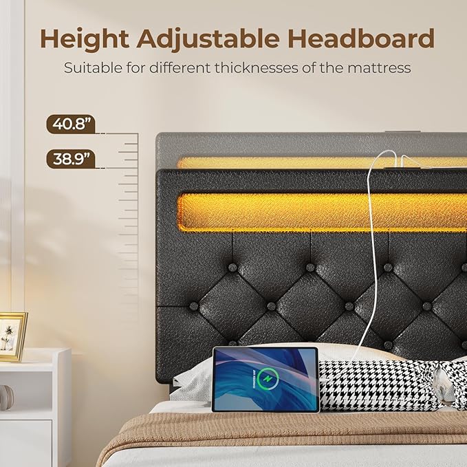 Rolanstar Twin Bed Frame with Charging Station, LED Bed with Under Bed Storage, Adjustable Headboard 38.9/40.8 Inches, No Box Spring Needed, Noise Free, Easy Assembly, Black