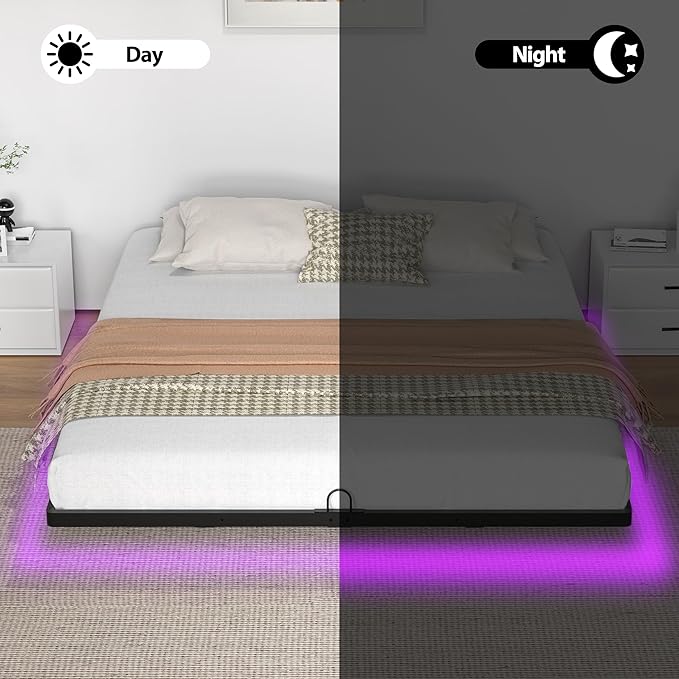 Floating Bed Frame with Smart LED Lights Metal Platform Bed Easy Assembly No Box Spring Needed (Queen)