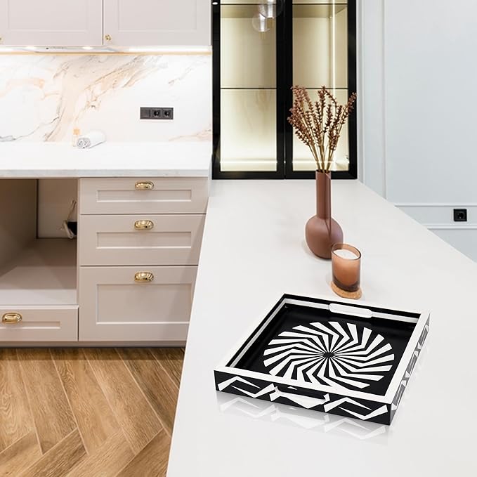 Handicrafts Home 12x12 Ottoman Tray with Handles, Black White Decorative Tray, Resin Inlay Coffee Table Tray for Living Room Decor, Modern Geometric Illusion Optic Pattern Square Serving Tray