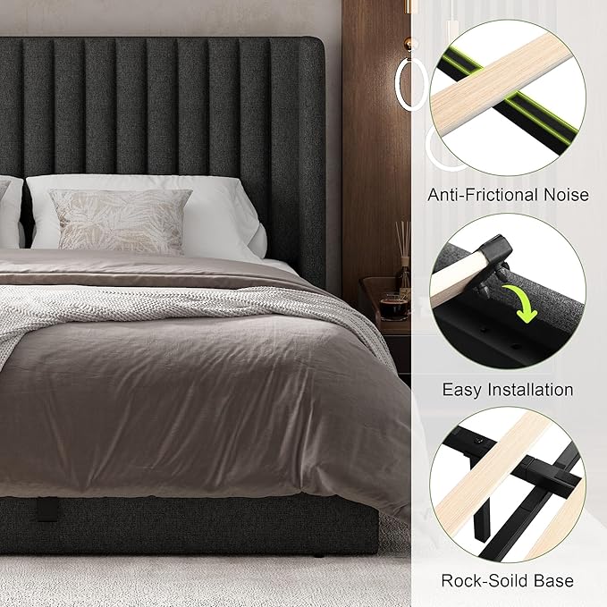 Feonase Queen Size Lift Up Storage Bed Frame, Linen Upholstered Platform Bed with Wingback Headboard, Hydraulic Storage, No Box Spring Needed, Dark Gray