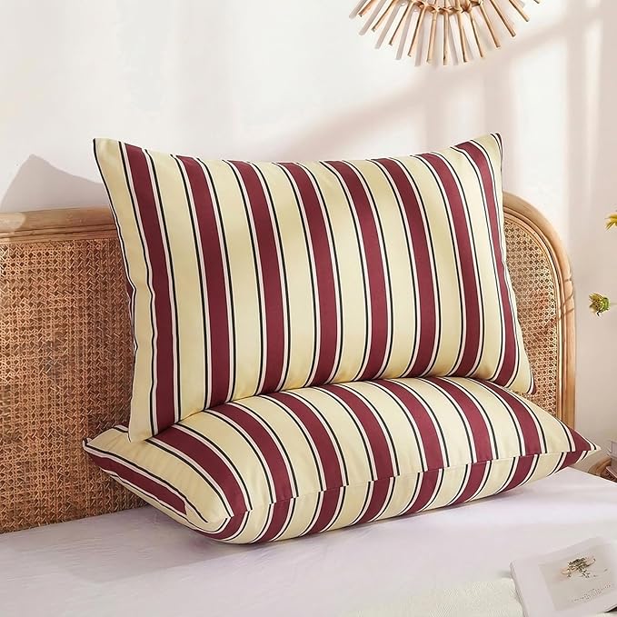 Merryword 100% Cotton Pillow Cases, King Size Pillowcases, Burgundy & Cream Striped Pillowcases, Luxury Linen Like Pillowcase, Soft Breathable Stripes Pillow Covers, Set of 2