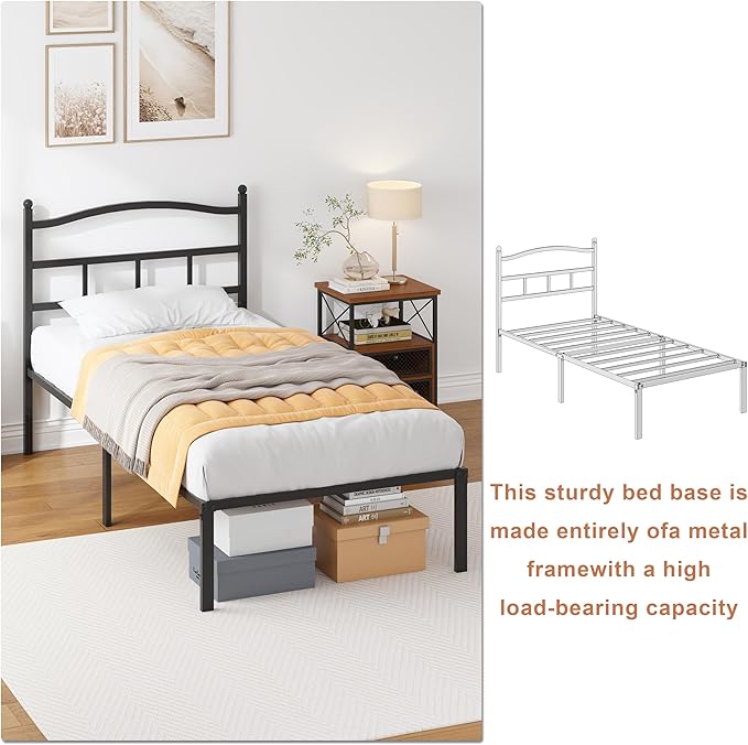 OSASET 14 inch Twin Bed Frame -Platform Bed Frame with Headbroad Metal Bed Frame No Box Spring Noise Free Easy Assembly