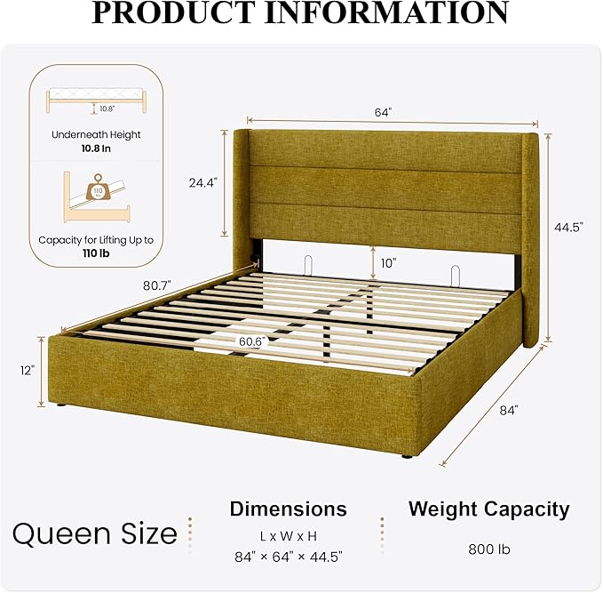SHA CERLIN Queen Size Lift Up Storage Bed/Modern Wingback Headboard/Upholstered Platform Bed Frame/Hydraulic Storage/No Box Spring Needed/Wood Slats Support/Olive Yellow