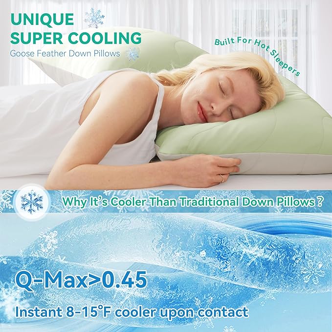 Three Geese Cooling Goose Feather Down Bed Pillows Standard Size Set of 2 for Hot Sleepers, Q-Max>0.45, Cooling Hotel Bed Pillows, Washable Removable Cover, 20" x 26"