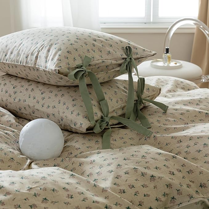 VM VOUGEMARKET Duvet Cover Set Queen 100% Cotton 3 Pcs Girls Green Blossom Flower Comforter Cover with Zipper Closure,Cottagecore Style Duvet Cover + 2 Pillowcases with Bowknot-90x90 Inch