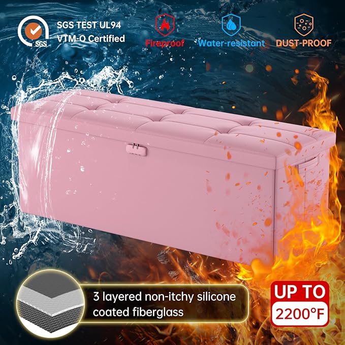 DocSafe Storage Ottoman Bench, Fireproof＆Waterproof Folding Bench with Lock(15”x 43”x15”), Leather Storage Chest with Handles＆2 Extra Boxes, Ottoman Safe for Bedroom,Living Room,Home Office, Pink