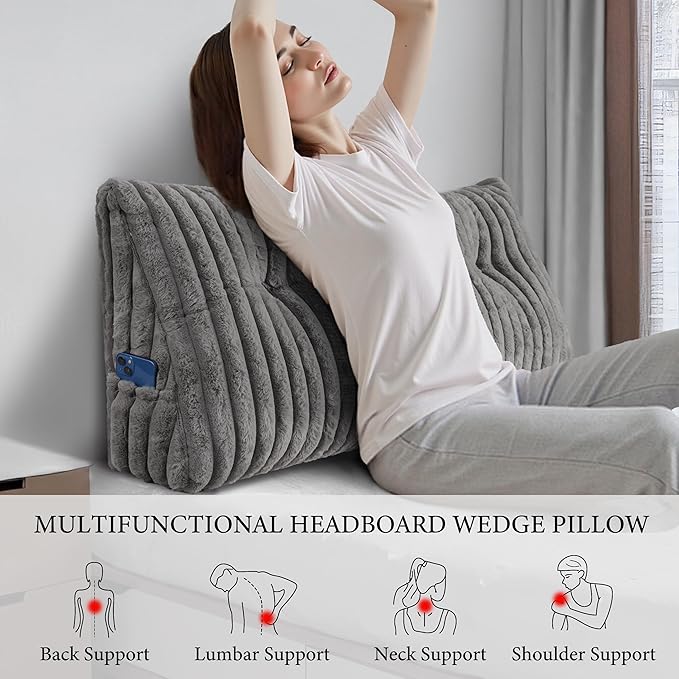 Headboard Pillow Full, Triangular Wedge Pillow Headboard Full, Cushion Headboards Reading Pillows, Backrest Pillows for Sitting in Bed or Working with Removable Cover, Grey