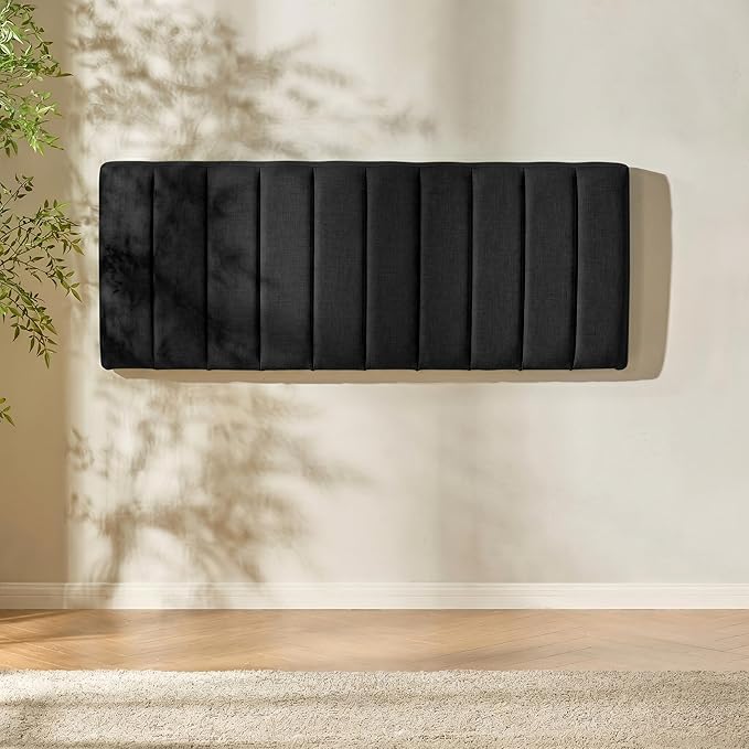 Hearth & Harbor Upholstered Full Headboard - Easy Assemble Channel Stitched Headboard Full Size - Wall Mounted Headboards with 3D Soundproof Wall Panels Peel & Stick Floating Headboards, Black