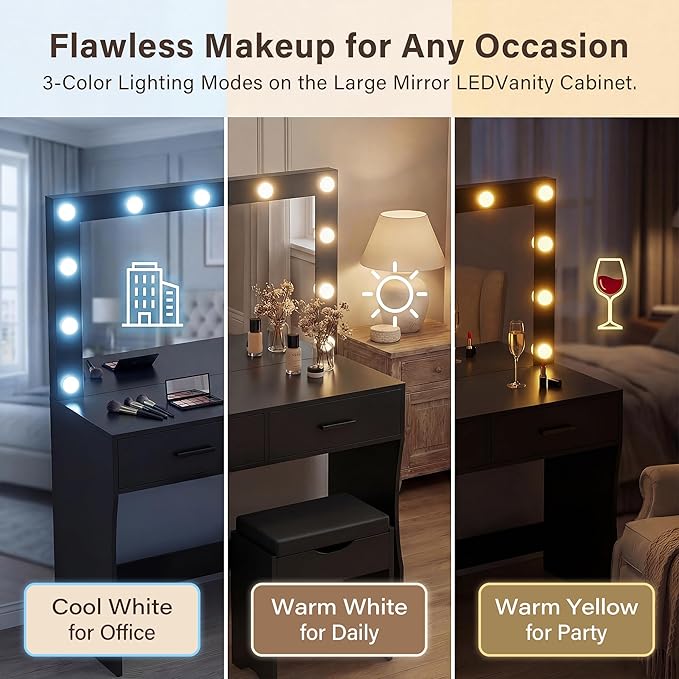 YESHOMY Vanity Desk with Mirror,Makeup Vanity Table with 11 Adjustable Lights and 2 Spacious Drawers,3 Lighting Modes with Control&Soft-Padded Storage Stool,Modern Bedroom Vanity Set,Black