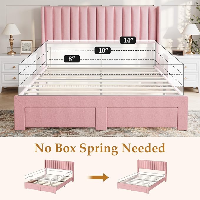 GarveeHome Full Size Bed Frame, Bed Frame Upholstered Platform Bed with Velvet Headboard, Wing Edge Design, 2 Storage Drawers, No Box Spring Needed, Pink
