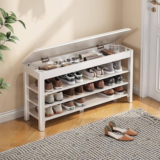 IUNVR Shoe Rack Bench Seat Rubberwood 3-Tier Wooden Storage Bench 550lbs Compact Mid-Century Modern Design for Entryway, Hallway, Closet, Front Door Entrance, Foyer