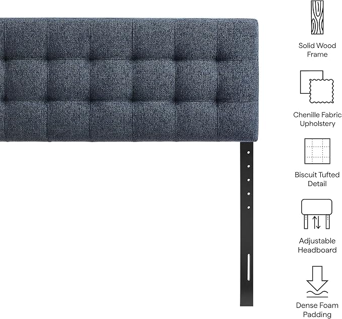 Modway Lily Full Size Headboard with Biscuit Tufting in Navy - Fabric Upholstery with Padded Design and 5 Height-Adjustable Mounts