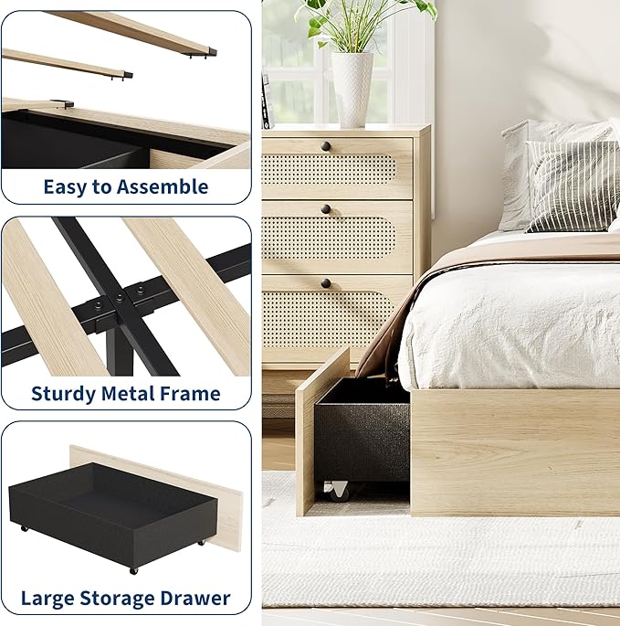 GarveeHome Queen Size Wood Platform Bed Frame with 2 Storage Drawers, Wooden Bed Frame Without Headboard, Wood Slat Support, No Box Spring Needed, Easy Assembly