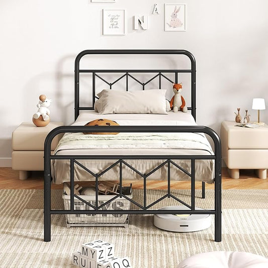 Giantex Metal Twin Bed Frames with Victorian Style Headboard & Footboard, Heavy Duty Slats Support Mattress Foundation, Under Bed Storage, No Box Spring Needed, Twin Size Bed, Black