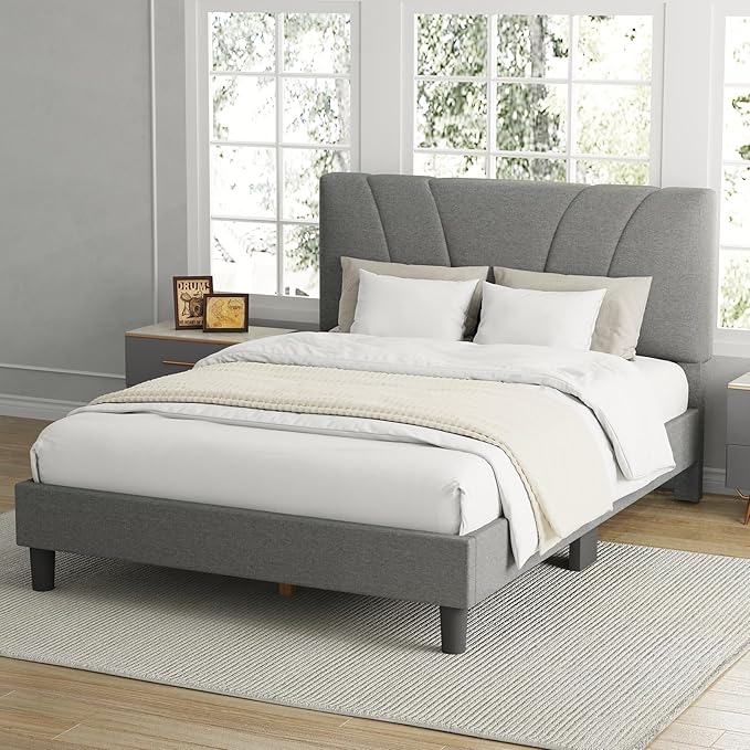 Avenco Full Bed Frame, Upholstered Platform Bed Frame with Adjustable Headboard, Wood Slat Support, Easy Assembly, No Box Spring Needed, Light Grey