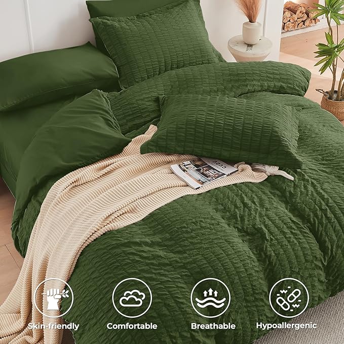 HYMOKEGE Olive Green King Size Comforter Set Seersucker 7 Pieces, All Season Luxury Bed in a Bag for Bedroom, Bedding Set with Comforter, Sheets, Pillowcases & Shams