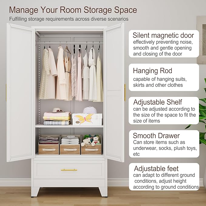 erosoei 71" H Metal Armoire Wardrobe Closet with Mirror,Household Steel Wardrobe Cabinet with Drawers,Clothing Storage Wardrobe Cabinet with Adjustable Shelves and Hanging Rod for Bedroom（White）