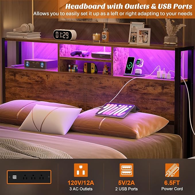 Aheaplus Headboard for Queen Size Bed with Storage, Headboards with Outlets, USB Ports and LED Light, Queen Head Board Only, Height Adjustable, Reversible, Sturdy and Stable Headboard, Rustic Brown