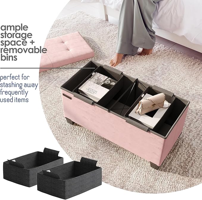 Storage Ottoman Bench with Bins, 30-in Storage Bench for Bedroom End of Bed, Folding Foot Rest Ottoman for Living Room Max 660lbs, Velvet Ottomans, Pink