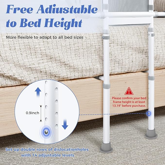 Bedside Rail for Elderly Safety Adjustable Bed Aid with Storage Pocket, Non-Slip Handle,400 lbs Gravity Capacity Gray(Stand-Compatible with Bed Frames 13.19" or Higher)