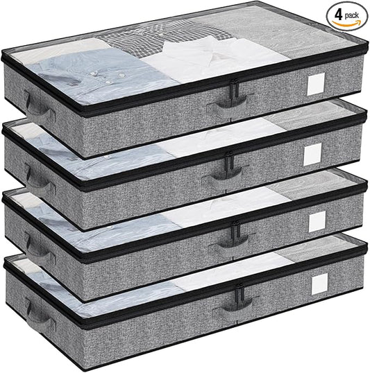 Fixwal Under Bed Storage Containers 4 Pack, Reinforced Underbed Organizer Below 4.5 Inches Low Profile Clothes Storage Bins with Sturdy Sidewalls and Bottom
