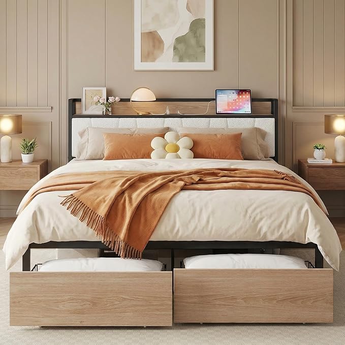 LIKIMIO Queen Size Bed Frame, Storage Headboard with Charging Station, Platform Bed with Drawers, No Box Spring Needed, Easy Assembly, Wood and Cream