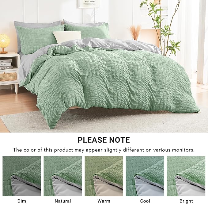 HYMOKEGE Sage Green/Light Grey Full Size Comforter Sets Seersucker 7 Pieces, All Season Luxury Bed in a Bag for Bedroom, Bedding Set with Comforter, Sheets, Pillowcases & Shams