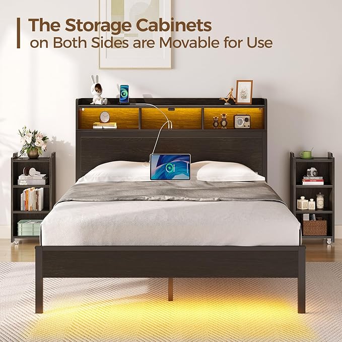Rolanstar Full Size Bed Frame with Bookcase Storage Headboard, Slide Out Bedside Storage, Bed with Charging Station & LED Lights, Heavy Duty Metal Slats, No Box Spring Needed, Noise Free, Black