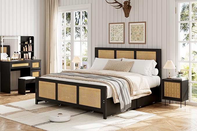 IDEALHOUSE Rattan Bed Frame with Storage Drawers, Boho Full Size Led Bed Frame with Strong Metal Slats Support, No Box Spring Needed, Noise-Free Design, Black