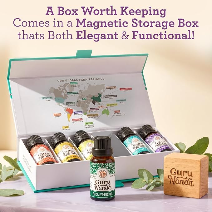 GuruNanda Essential Oils Set – 6 Pack (10mL Each), Lavender, Peppermint, Eucalyptus, Lemongrass, Grapefruit & Ylang Ylang, 100% Natural Aromatherapy Oils for Diffuser, Massage & DIY Candle Making
