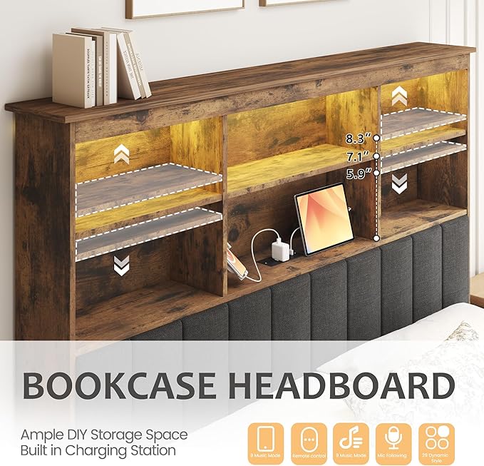 HISOFT Queen Bed Frame with Headboard, Wood Bed Frame with High Storage Bookcase, 4 Storage Drawers & LED & Charging Station,No Box Spring Needed/Noise Free/All-Metal Support, Vintage Brown