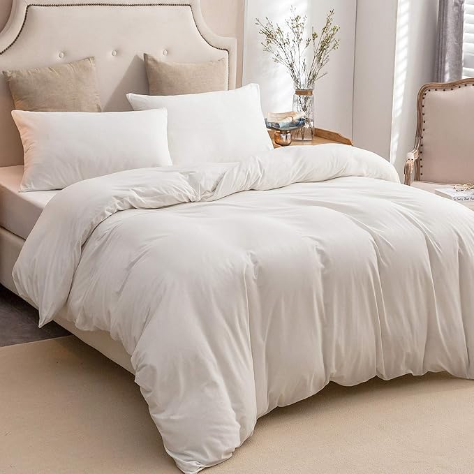 PURE ERA Jersey Knit Duvet Cover Set 100% T-Shirt Cotton Super Soft Comfy 3pc Bedding Set with Zipper (Solid Off White, Oversized King)