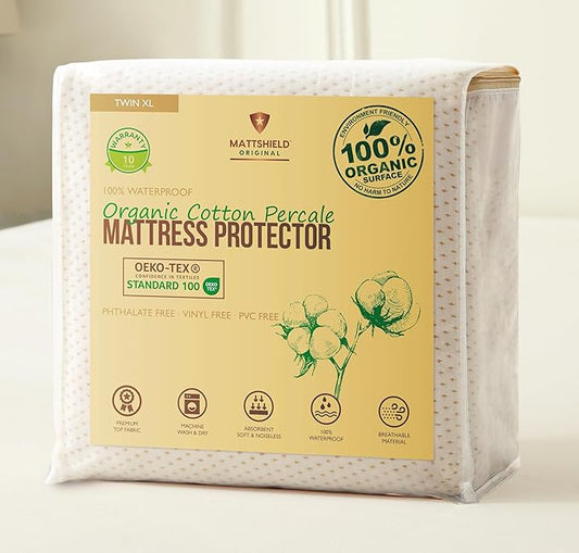 Deluxe Cooling Mattress Protector Twin XL - Waterproof - Crisp, Breathable Organic Cotton Percale Surface - OCS Certified 280GSM 3D Air-Knit Mattress Pad - Noiseless Deep Pocket