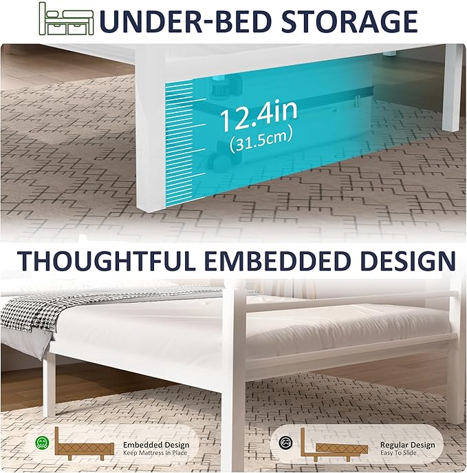 J.Fkne Twin Bed Frame with LED Lights & Charging Station, Metal Platform Bed with Headboard, Heavy Duty Metal Slats, No Box Spring Needed, Noise Free, Easy Assembly, White