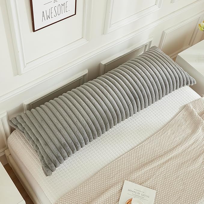 JAUXIO Faux Fur Fluffy Body Pillow Cover Luxury Textured Vertical Stripe Plush Decorative Body Pillowcase, Ultra Soft and Cozy Zipper Closure 21 x 54 Inches, Light Grey