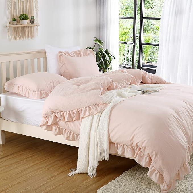 CAROMIO Pink Ruffled Duvet Cover Twin, 2PCS Soft Washed Microfiber Vintage French Country Duvet Cover Set for Kids Girls, Pink, 68x90 in