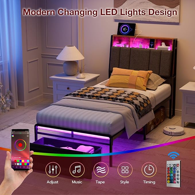 IKIFLY Twin XL Bed Frames with Ergonomic Hidden Storage Headboard & Dustproof Storage Drawer, Upholstered Twin XL Platform Bed with Charging Station and LED Lights, No Box Spring Needed, Dark Grey