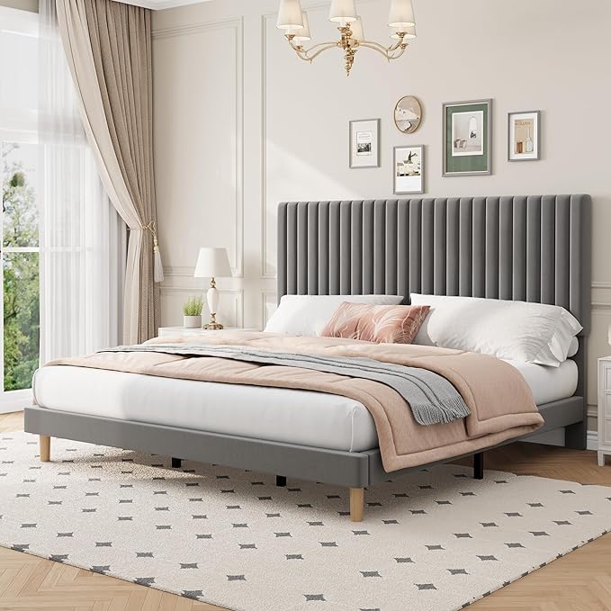 IDEALHOUSE King Bed Frame with Adjustable Headboard, Velvet Upholstered Platform King Size Bed Frame, Vertical Channel Tufted, Strong Wooden Slats, No Box Spring Needed, Easy Assembly, Grey