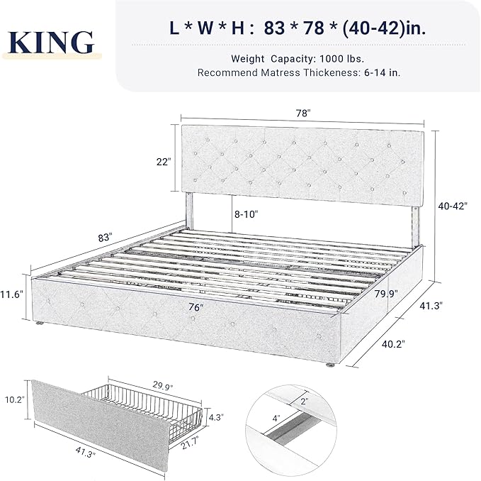 Allewie Upholstered King Size Platform Bed Frame with 4 Storage Drawers and Headboard, Diamond Stitched Button Tufted, Mattress Foundation with Wooden Slats Support, No Box Spring Needed, Beige