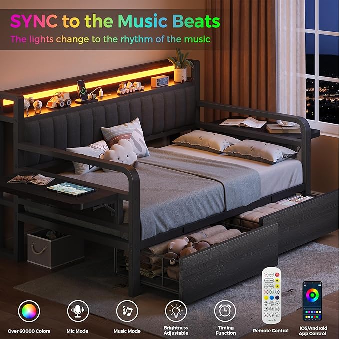 Jocoevol Twin Corner Bed Frame with Storage Drawers and LED Light, Heavy Duty Metal Daybed with Upholstered Storage Headboard & Charging Station, Twin Size Day Bed for Kids Teens Guests, Black