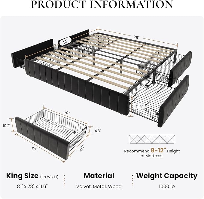 SHA CERLIN King Size Velvet Upholstered Platform Bed Frame with 4 Storage Drawers, Vertical Channel Tufted, Low Profile, Fits Standard Headboards, Wooden Slats Support, Easy Assembly, Black