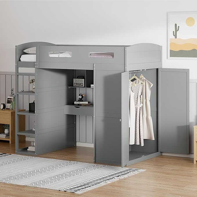 Multi-Functional Twin Size Loft Bed with Built-in Desk and Wardrobes, Solid Wood Loft Bed Frame with 4 Drawers and 4 Shelves for Kids Teens Boys Adults, Maximize Space (Gray-t)