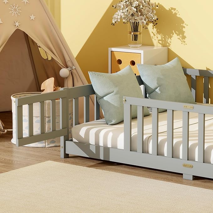 Bellemave Full Size Floor Bed with Slats and Safety Guardrail, Full Size Montessori Floor Bed with Fence and Door, Easy Assemble Montessori Beds for Kids, Girls, Boys, Gray