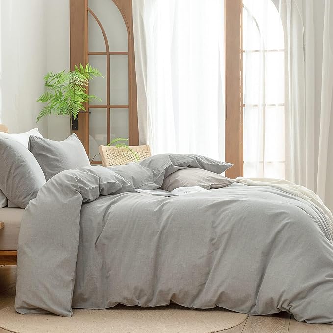 BESTOUCH Duvet Cover Set 100% Washed Cotton Linen Feel Super Soft Comfortable Chic Lightweight 3 PCs Home Bedding Set Solid Light Grey Alaska King