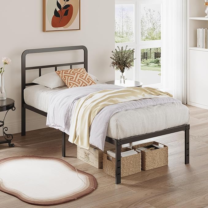DiaOutro 16 Inch Twin XL Bed Frame with Headboard No Box Spring Needed Metal Platform Heavy Duty Steel Slat Mattress Foundation/Easy Assembly/No Noise/Black