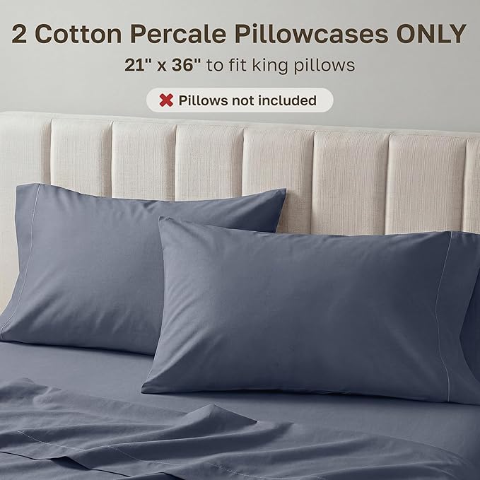 California Design Den 100% Egyptian Cotton Pillow Cases King Size Set of 2 - Crisp Percale Feel, Soft & Breathable Pillow Cases Set - Mineral Blue (Grey Tone)